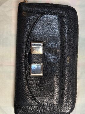 Chloe Black Leather Zip Wallet with Silver Bow Accent